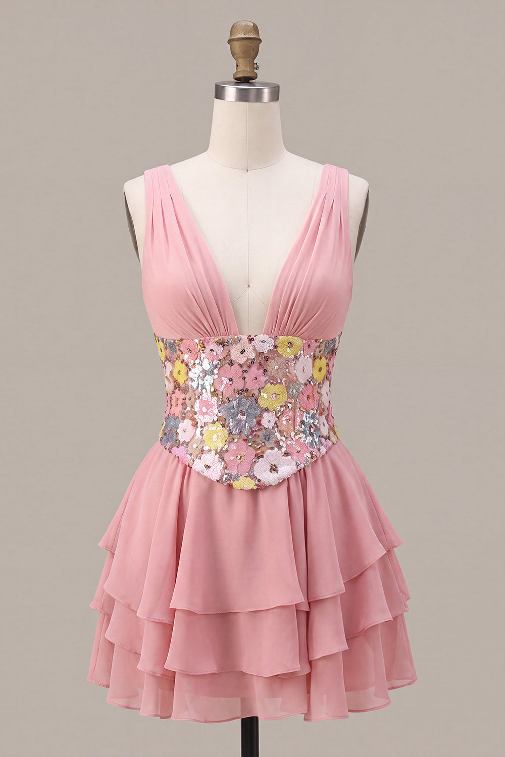 A Line Pink Floral Sequin Sparkly Tiered Ruffled Short Homecoming Dress