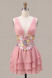 A Line Pink Floral Sequin Sparkly Tiered Ruffled Short Homecoming Dress