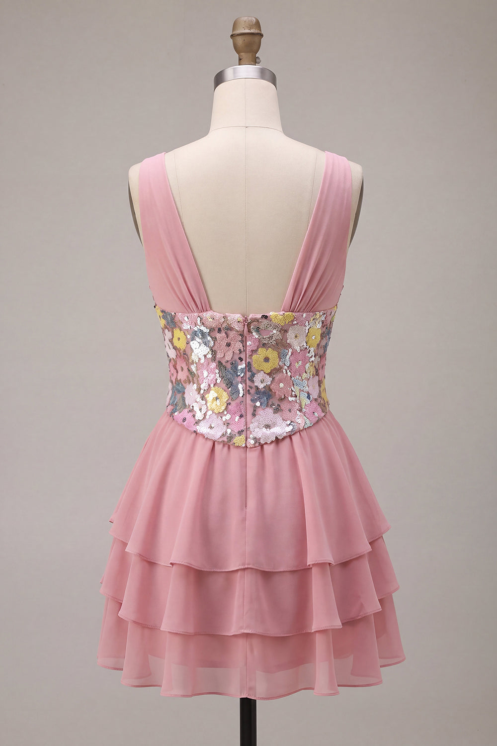 A Line Pink Floral Sequin Sparkly Tiered Ruffled Short Homecoming Dress