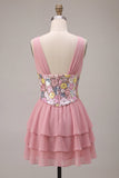 A Line Pink Floral Sequin Sparkly Tiered Ruffled Short Homecoming Dress