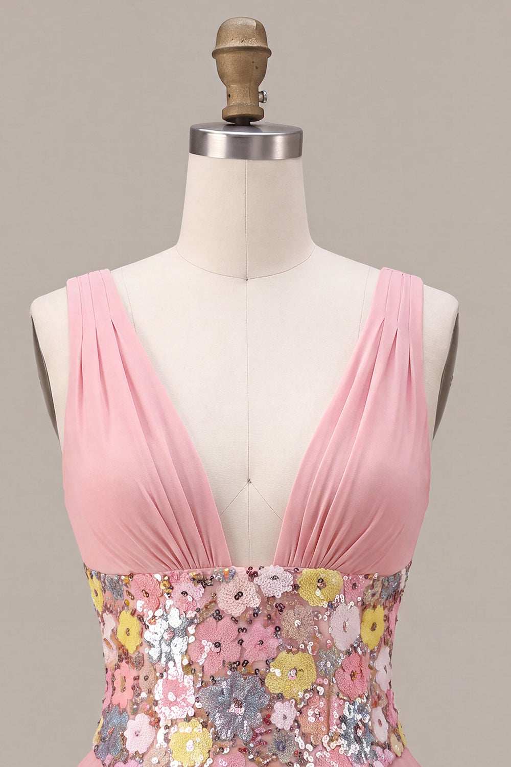 A Line Pink Floral Sequin Sparkly Tiered Ruffled Short Homecoming Dress