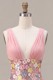A Line Pink Floral Sequin Sparkly Tiered Ruffled Short Homecoming Dress