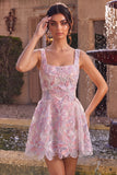 Lilac Floral A Line Embroidered Beaded Short Homecoming Dress