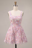 Lilac Floral A Line Embroidered Beaded Short Homecoming Dress