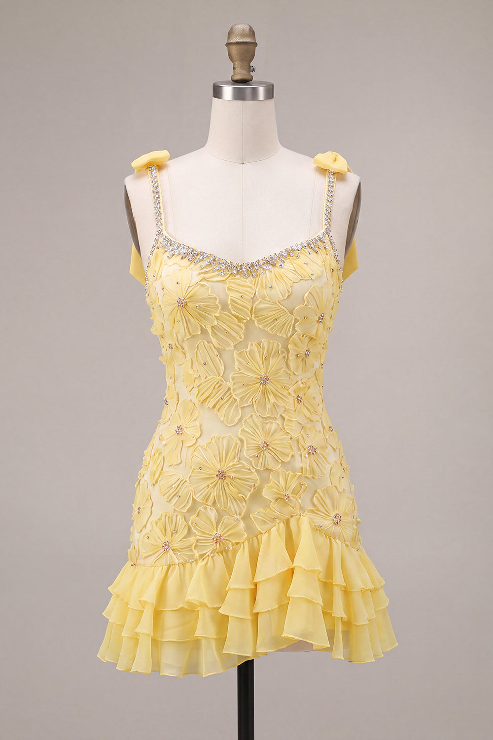 Yellow Floral Tight Beaded Ruffled Short Homecoming Dress with Bows