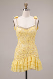 Yellow Floral Tight Beaded Ruffled Short Homecoming Dress with Bows
