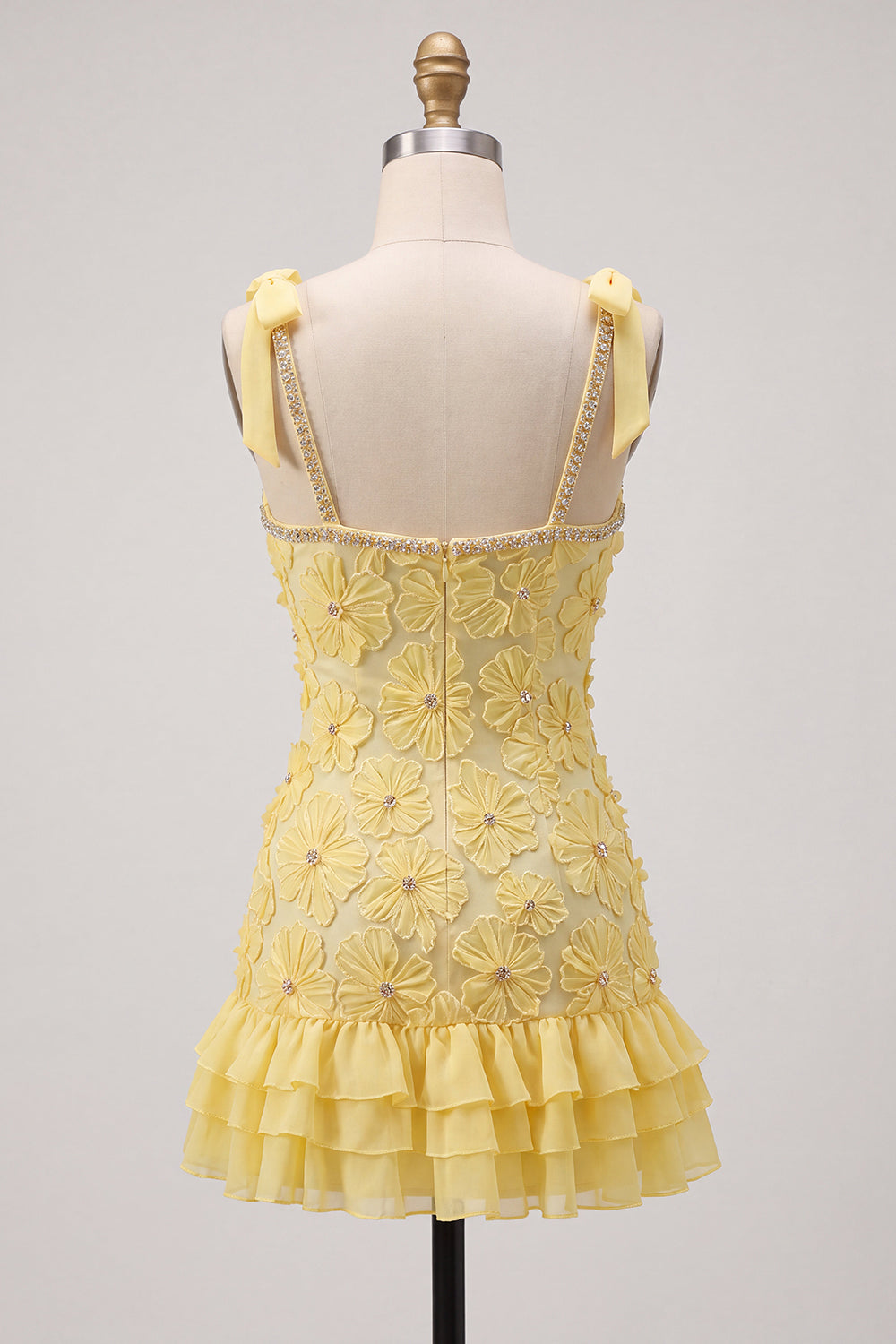Yellow Floral Tight Beaded Ruffled Short Homecoming Dress with Bows