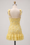 Yellow Floral Tight Beaded Ruffled Short Homecoming Dress with Bows
