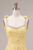 Yellow Floral Tight Beaded Ruffled Short Homecoming Dress with Bows