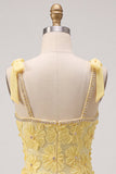 Yellow Floral Tight Beaded Ruffled Short Homecoming Dress with Bows