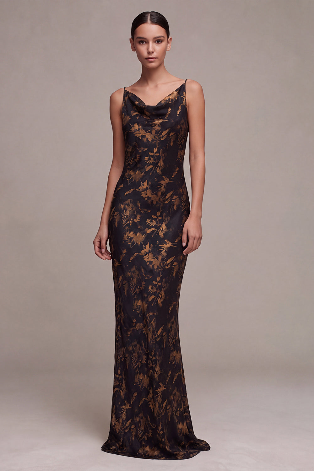 Floral Black Cowl Neck Mermaid Long Formal Dress