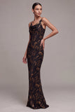 Floral Black Cowl Neck Mermaid Long Formal Dress