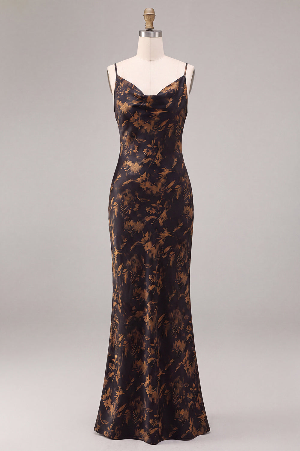Floral Black Cowl Neck Mermaid Long Formal Dress