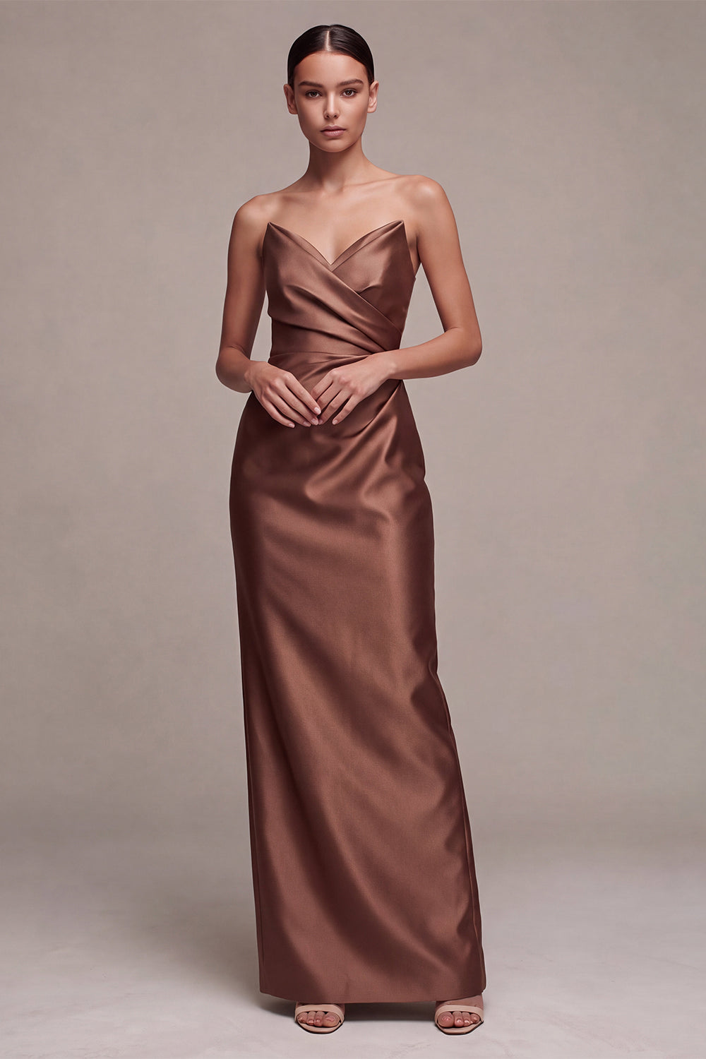 Coffee Satin Simple Strapless Sheath Ruched Long Formal Dress