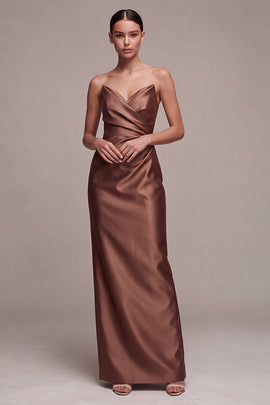Coffee Satin Simple Strapless Sheath Ruched Long Formal Dress