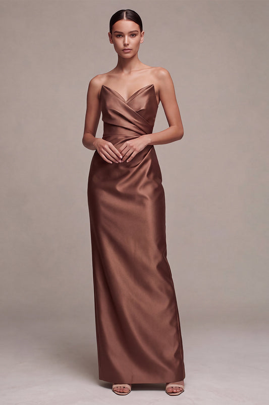 Coffee Satin Simple Strapless Sheath Ruched Long Formal Dress