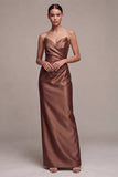 Coffee Satin Simple Strapless Sheath Ruched Long Formal Dress