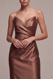 Coffee Satin Simple Strapless Sheath Ruched Long Formal Dress