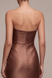 Coffee Satin Simple Strapless Sheath Ruched Long Formal Dress