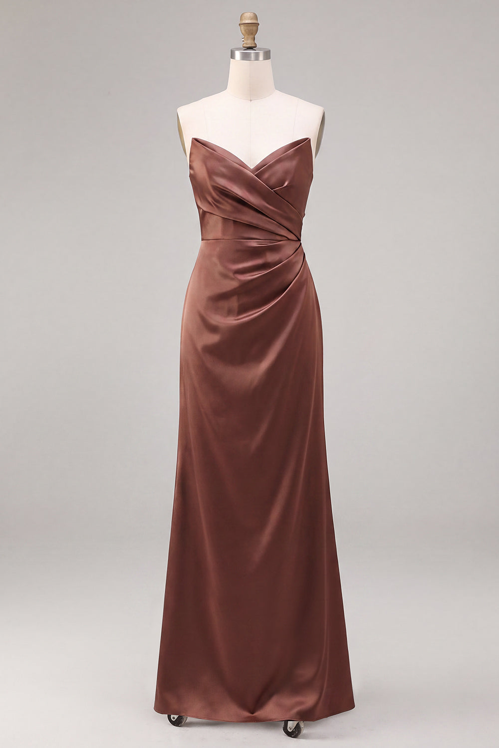 Coffee Satin Simple Strapless Sheath Ruched Long Formal Dress