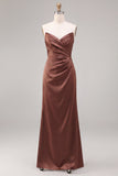 Coffee Satin Simple Strapless Sheath Ruched Long Formal Dress