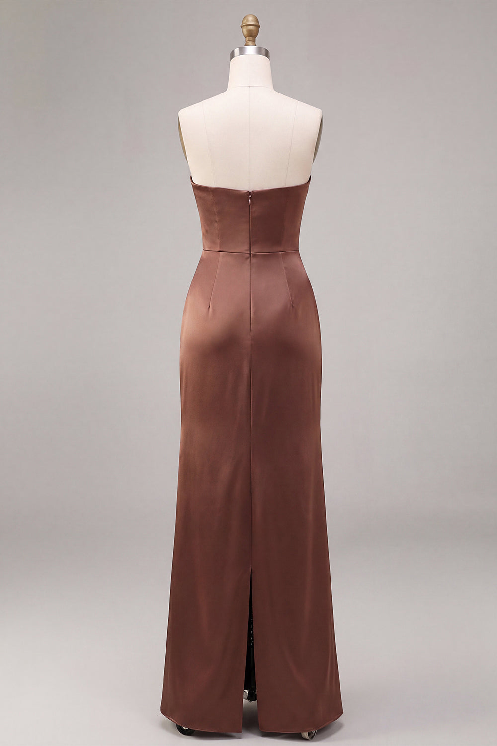 Coffee Satin Simple Strapless Sheath Ruched Long Formal Dress