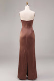 Coffee Satin Simple Strapless Sheath Ruched Long Formal Dress