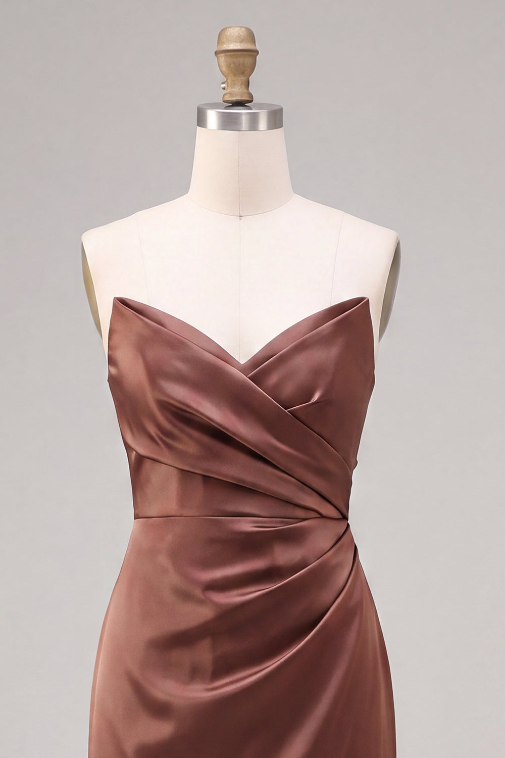 Coffee Satin Simple Strapless Sheath Ruched Long Formal Dress