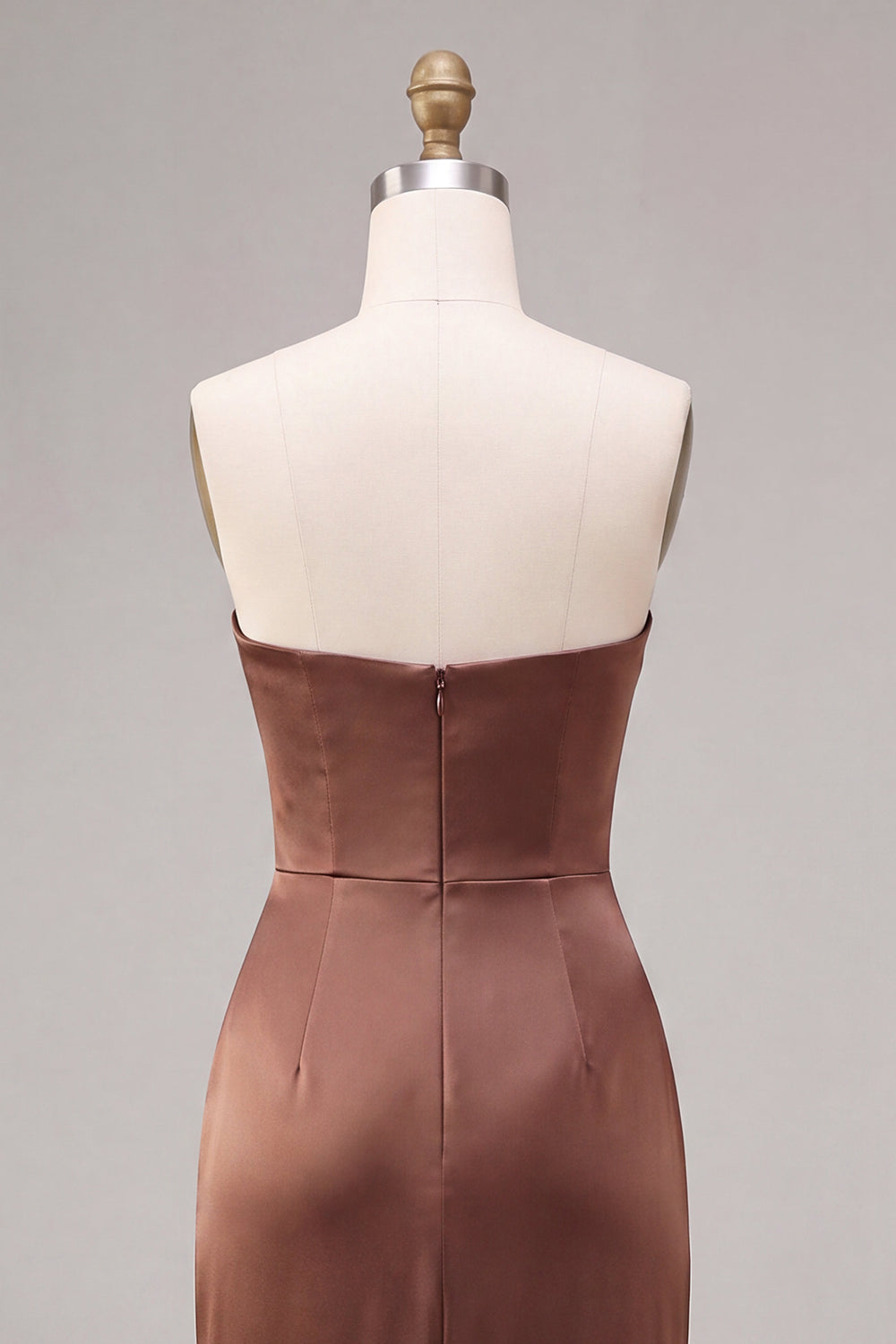 Coffee Satin Simple Strapless Sheath Ruched Long Formal Dress