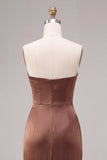 Coffee Satin Simple Strapless Sheath Ruched Long Formal Dress