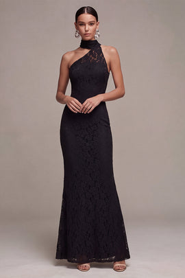 Lace Black Halter Mermaid Long Formal Dress