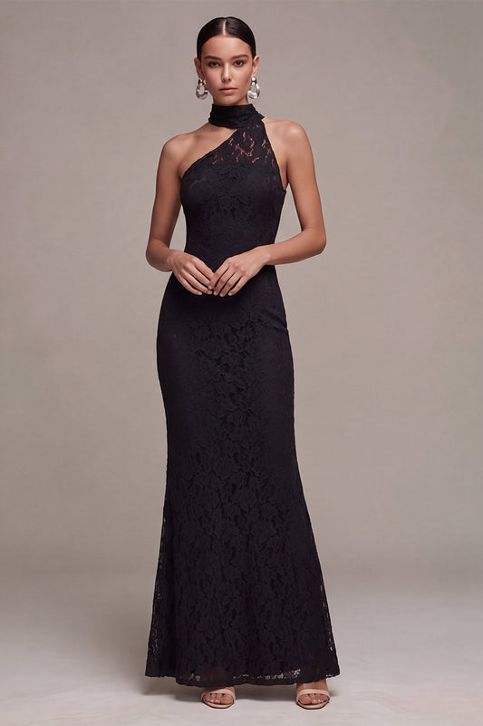 Lace Black Halter Mermaid Long Formal Dress