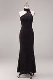 Lace Black Halter Mermaid Long Formal Dress