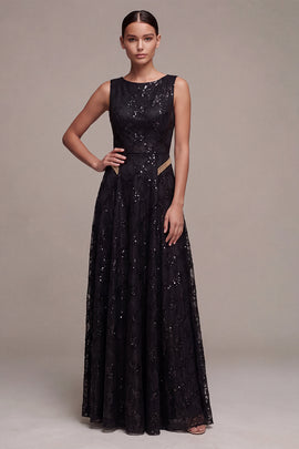 A Line Black Sparkly Sequin Boat Neck Long Formal Dress