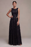 A Line Black Sparkly Sequin Boat Neck Long Formal Dress
