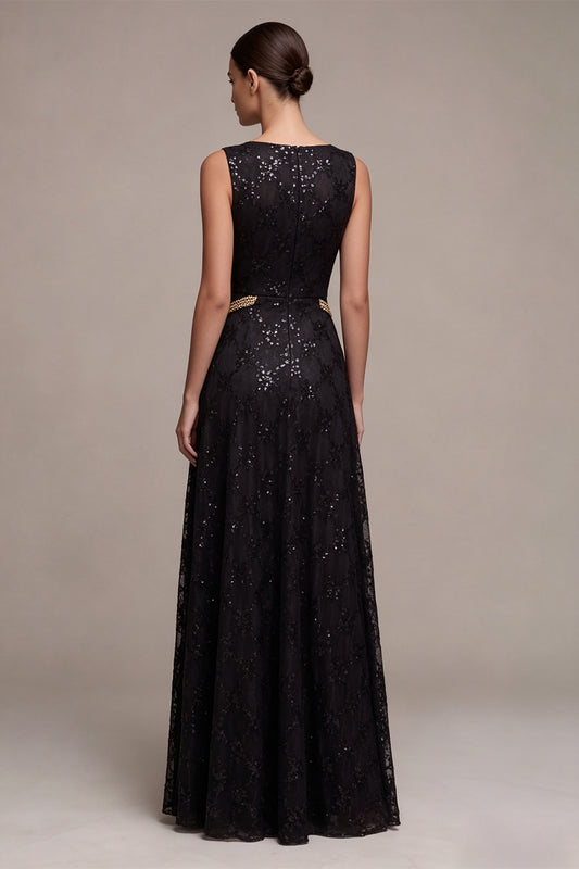 A Line Black Sparkly Sequin Boat Neck Long Formal Dress