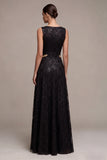 A Line Black Sparkly Sequin Boat Neck Long Formal Dress