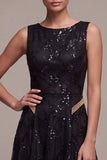 A Line Black Sparkly Sequin Boat Neck Long Formal Dress