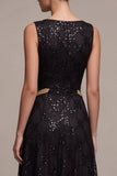 A Line Black Sparkly Sequin Boat Neck Long Formal Dress