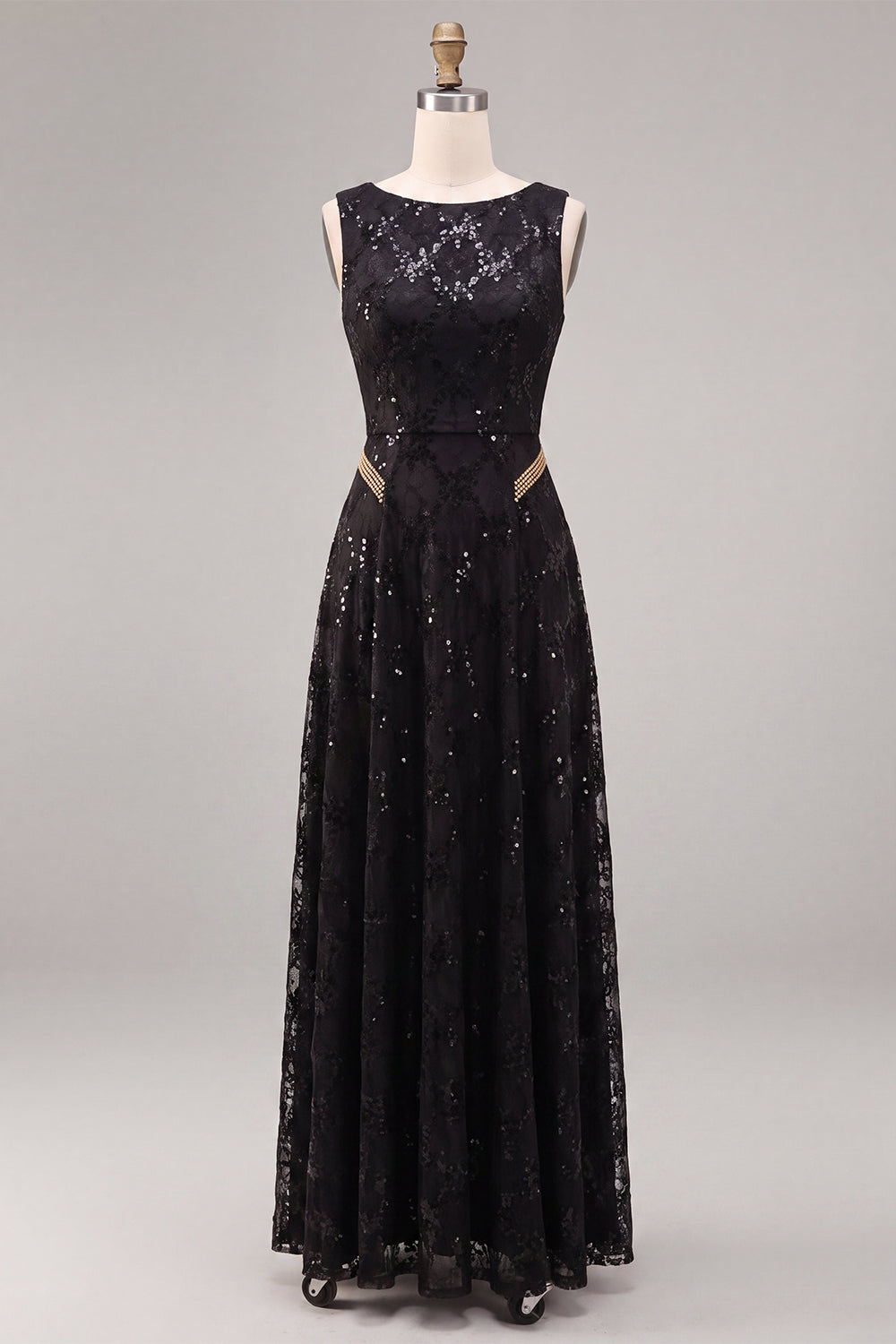 A Line Black Sparkly Sequin Boat Neck Long Formal Dress