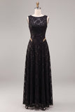 A Line Black Sparkly Sequin Boat Neck Long Formal Dress