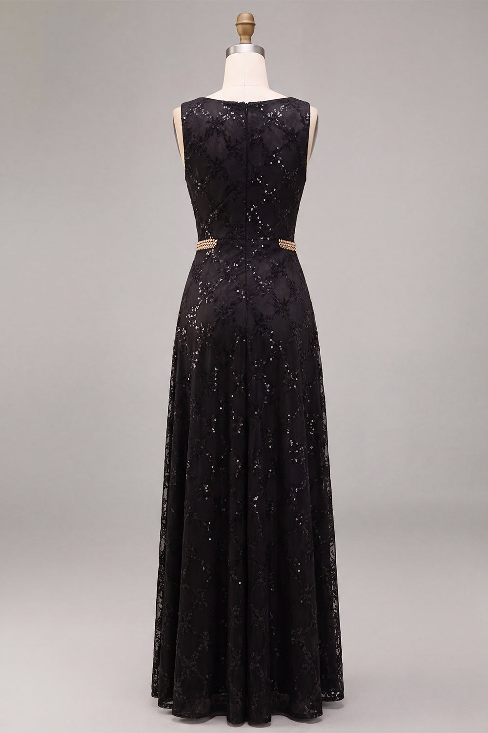A Line Black Sparkly Sequin Boat Neck Long Formal Dress