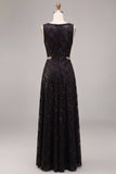 A Line Black Sparkly Sequin Boat Neck Long Formal Dress