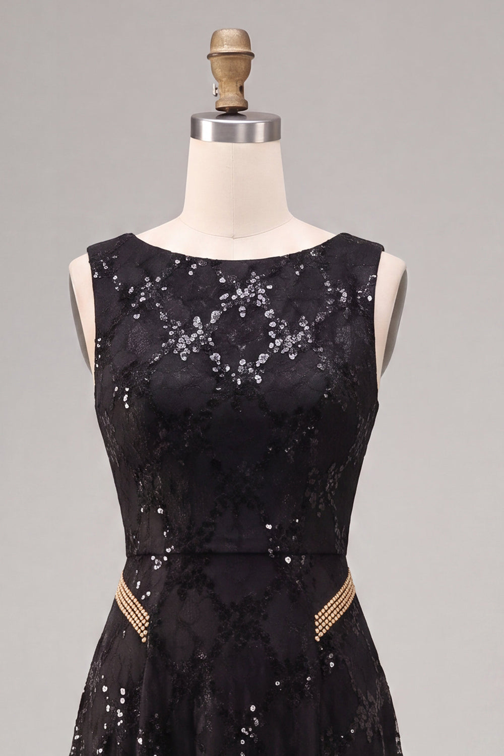 A Line Black Sparkly Sequin Boat Neck Long Formal Dress