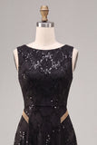 A Line Black Sparkly Sequin Boat Neck Long Formal Dress