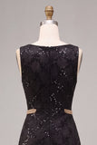 A Line Black Sparkly Sequin Boat Neck Long Formal Dress