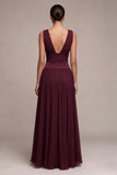 A Line Burgundy Chiffon Pleated V-Neck Long Formal Dress