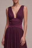 A Line Burgundy Chiffon Pleated V-Neck Long Formal Dress