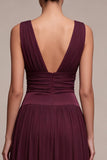 A Line Burgundy Chiffon Pleated V-Neck Long Formal Dress
