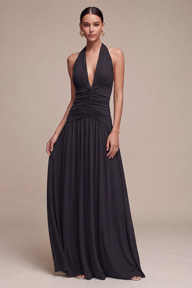 Black A Line Pleated Halter Chiffon Long Formal Dress